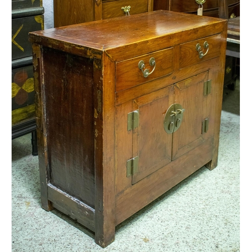 195 - CHINESE CABINET, 92cm H x 96cm W x 45cm D, elm and lacquered, of two doors below two drawers.