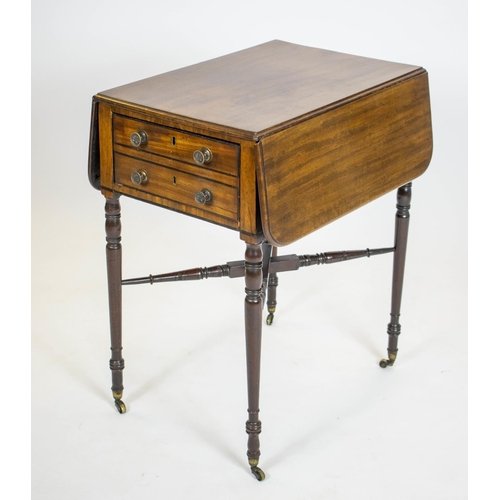 196 - PEMBROKE WORK TABLE, 70cm H x 42cm W x 57cm D, 79cm open Regency mahogany and ebonised strung with d... 