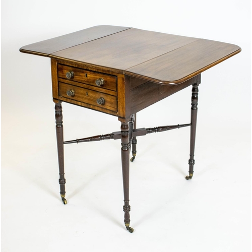 196 - PEMBROKE WORK TABLE, 70cm H x 42cm W x 57cm D, 79cm open Regency mahogany and ebonised strung with d... 