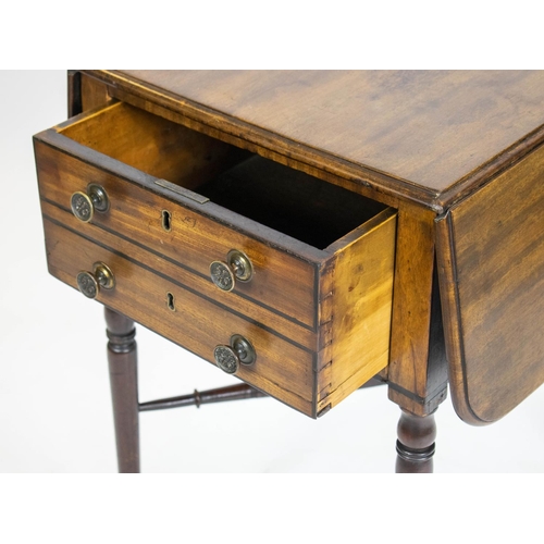 196 - PEMBROKE WORK TABLE, 70cm H x 42cm W x 57cm D, 79cm open Regency mahogany and ebonised strung with d... 