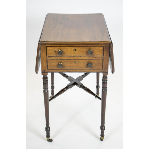 196 - PEMBROKE WORK TABLE, 70cm H x 42cm W x 57cm D, 79cm open Regency mahogany and ebonised strung with d... 