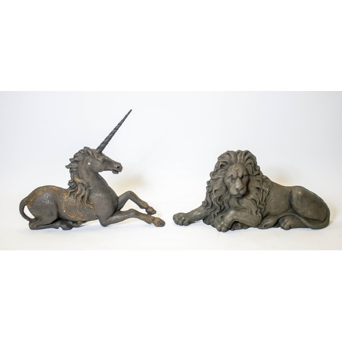 204 - LION AND UNICORN, 19th century cast iron, 36cm H x 71cm W and 55cm H x 66cm W. (2)