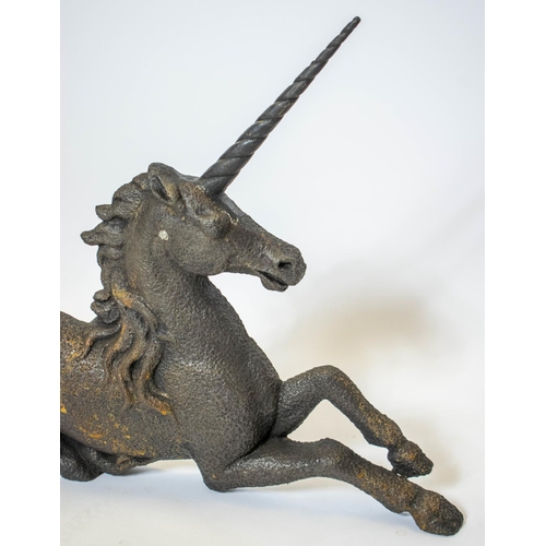 204 - LION AND UNICORN, 19th century cast iron, 36cm H x 71cm W and 55cm H x 66cm W. (2)