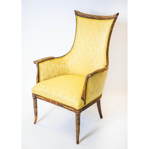 205 - ARMCHAIR, 116cm H x 71cm W, Italian Empire style in patterned yellow upholstery.