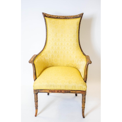 205 - ARMCHAIR, 116cm H x 71cm W, Italian Empire style in patterned yellow upholstery.