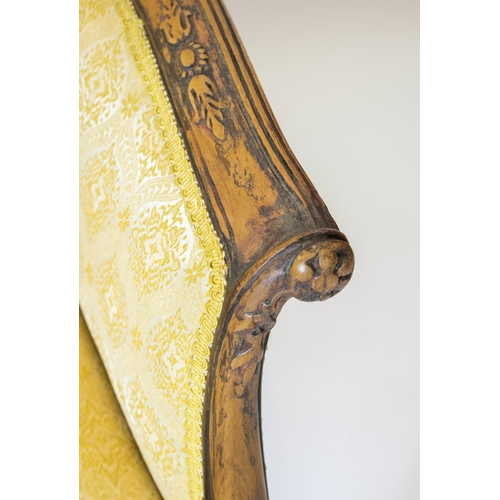 205 - ARMCHAIR, 116cm H x 71cm W, Italian Empire style in patterned yellow upholstery.