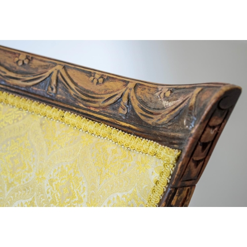 205 - ARMCHAIR, 116cm H x 71cm W, Italian Empire style in patterned yellow upholstery.