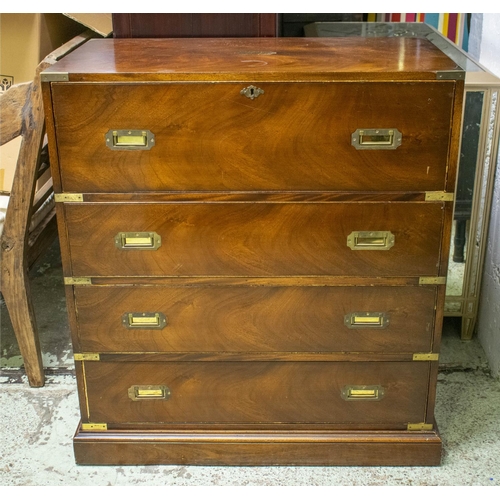 206 - CAMPAIGN STYLE SECRETAIRE CHEST, 102cm H x 96cm W x 53cm D mahogany and brass bound with fitted draw... 