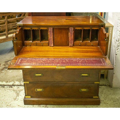 206 - CAMPAIGN STYLE SECRETAIRE CHEST, 102cm H x 96cm W x 53cm D mahogany and brass bound with fitted draw... 