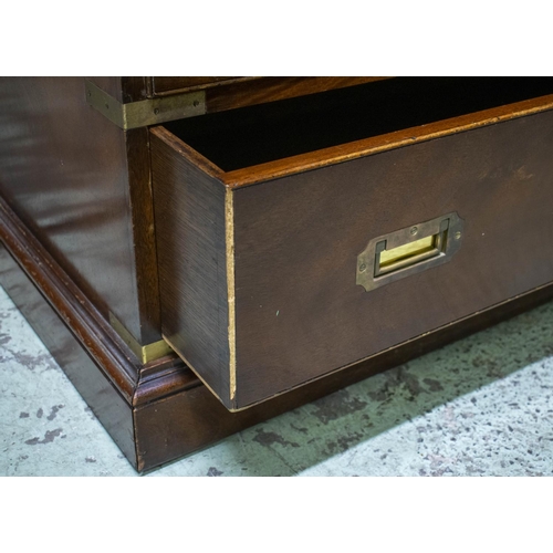 206 - CAMPAIGN STYLE SECRETAIRE CHEST, 102cm H x 96cm W x 53cm D mahogany and brass bound with fitted draw... 