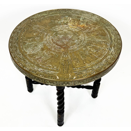 282 - LAMP TABLE, Egyptian design, brass top on folding barley twist base, 59cm H x 60cm W.