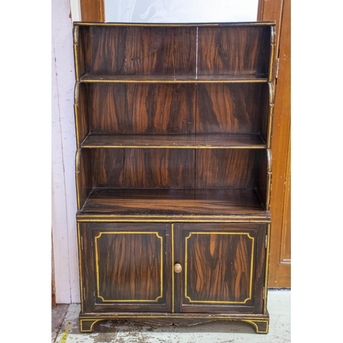 97 - WATERFALL BOOKCASE, 123cm H x 78cm W x 34cm D, 19th century simulated rosewood painted and gilt line... 