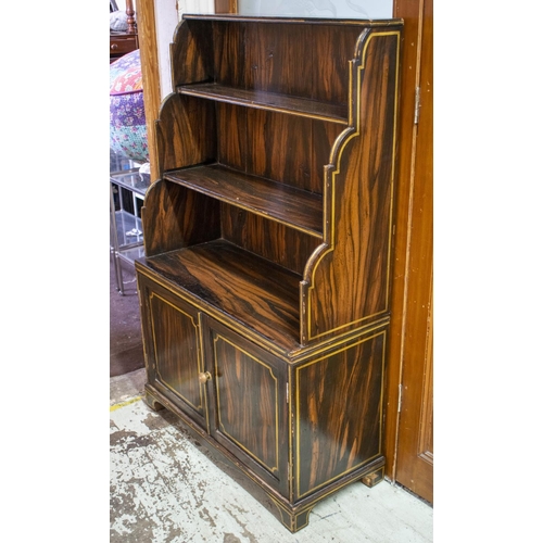 97 - WATERFALL BOOKCASE, 123cm H x 78cm W x 34cm D, 19th century simulated rosewood painted and gilt line... 