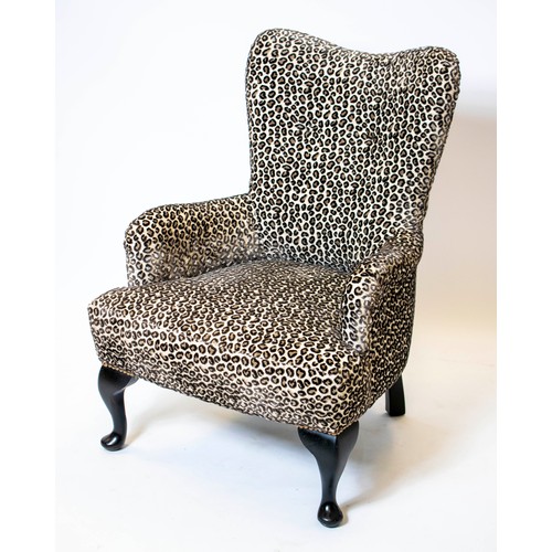 184 - ARMCHAIR, 86cm H x 62cm W, ebonised in Colefax and Fowler leopard patterned velvet upholstery.