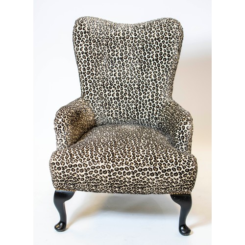 184 - ARMCHAIR, 86cm H x 62cm W, ebonised in Colefax and Fowler leopard patterned velvet upholstery.