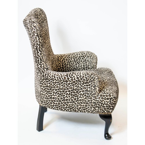 184 - ARMCHAIR, 86cm H x 62cm W, ebonised in Colefax and Fowler leopard patterned velvet upholstery.