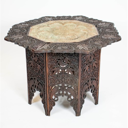 192 - TRAY TOP TABLE, 60cm H x 84cm W, antique Anglo Indian hardwood with pierced inset copper top on fold... 