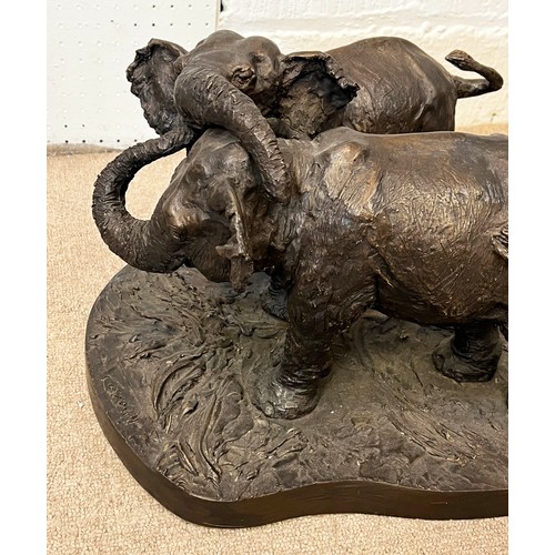 7 - RESIN SCULPTURE STATUE OF TWO ELEPHANTS, signed by the artist on base, 28cm H x 40cm.