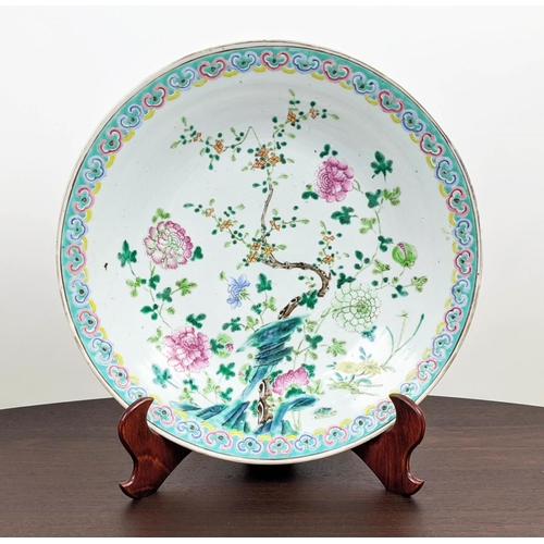 17 - CHARGER, Chinese famille rose with hardwood stand, 41cm x 41cm.