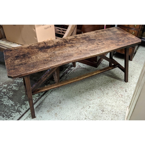 212 - TUSCAN FARMHOUSE TABLE, 175cm x 60cm D x 80cm H, 19th century elm with angled supports and canted co... 