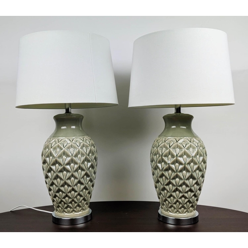 305 - TABLE LAMPS, a pair, grey glazed ceramic, with shades, 74cm H. (2)