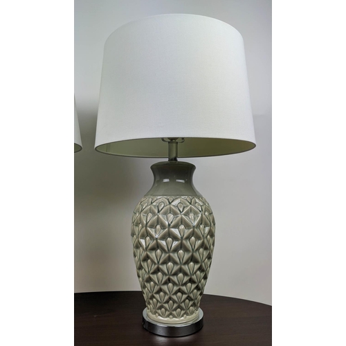 305 - TABLE LAMPS, a pair, grey glazed ceramic, with shades, 74cm H. (2)