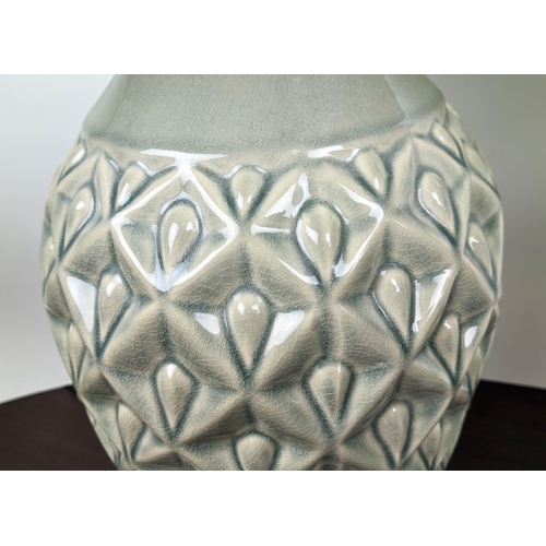 305 - TABLE LAMPS, a pair, grey glazed ceramic, with shades, 74cm H. (2)