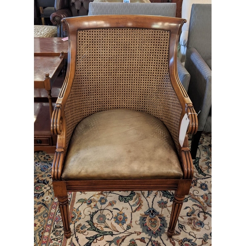 315 - BERGERE, 57cm W x 92cm H with a double caned back and sides and a drop-in seat on reeded turned fron... 