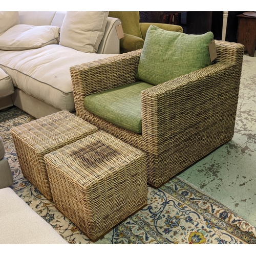 316 - GERVASONI RATTAN ARMCHAIR, 80cm W x 72cm H with a loose green back and seat cushion and two stools, ... 