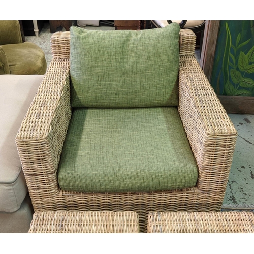 316 - GERVASONI RATTAN ARMCHAIR, 80cm W x 72cm H with a loose green back and seat cushion and two stools, ... 