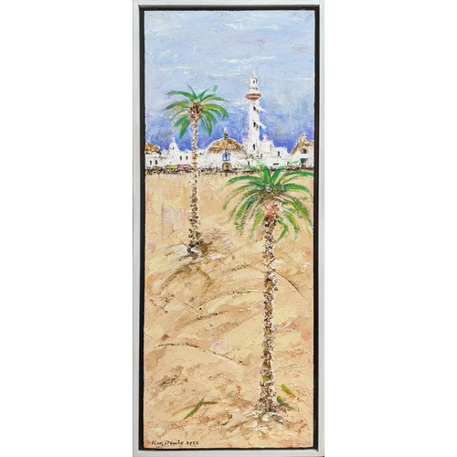 36 - KEN DAVIS, 'Madagascar', oil on board, 102cm x 33cm, framed.