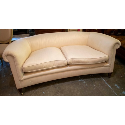 246 - CHESTERFIELD SOFA, 74cm H x 182cm W, Edwardian of concave form in white Herringbone fabric on brass ... 