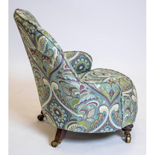 247 - SLIPPER CHAIR, 74cm H x 56cm W, foliate patterned on turned feet and brass castors.