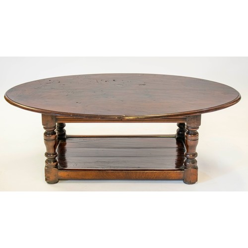 248 - LOW TABLE, 43cm H x 125cm W x 75cm D, oak in Jacobean manner with oval top.