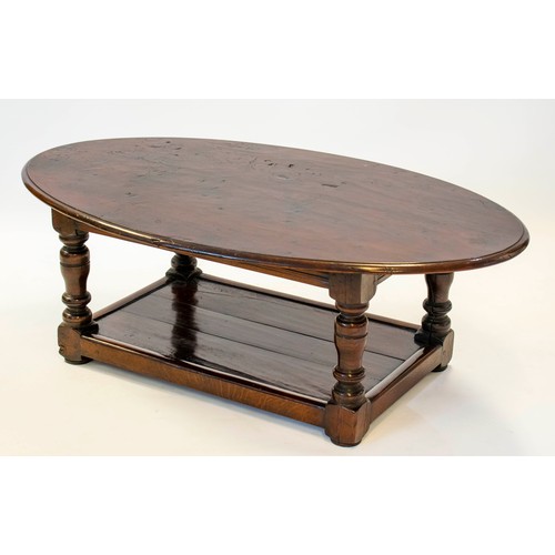 248 - LOW TABLE, 43cm H x 125cm W x 75cm D, oak in Jacobean manner with oval top.