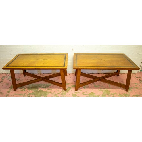 249 - LOW TABLES, 50cm H x 100cm W x 60cm D, a pair, oak with ebonised banded rectangular tops. (2)