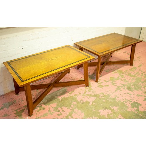 249 - LOW TABLES, 50cm H x 100cm W x 60cm D, a pair, oak with ebonised banded rectangular tops. (2)