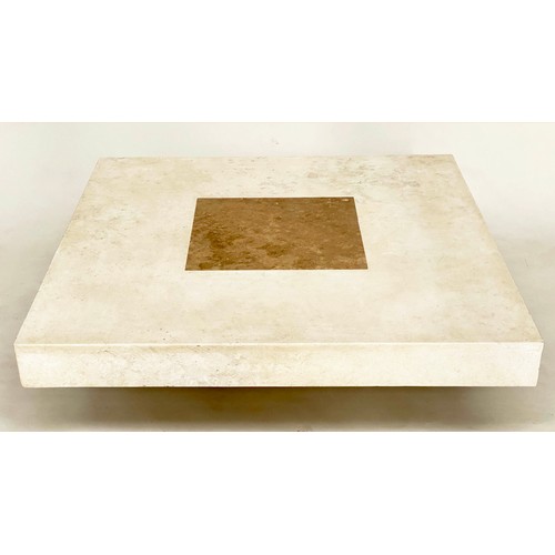 286 - TRAVERTINE LOW TABLE, 1970s Italian marble square with two tone inlay raised on plinth base, 100cm x... 