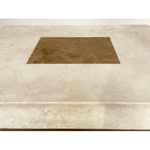 286 - TRAVERTINE LOW TABLE, 1970s Italian marble square with two tone inlay raised on plinth base, 100cm x... 