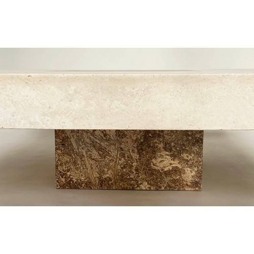 286 - TRAVERTINE LOW TABLE, 1970s Italian marble square with two tone inlay raised on plinth base, 100cm x... 