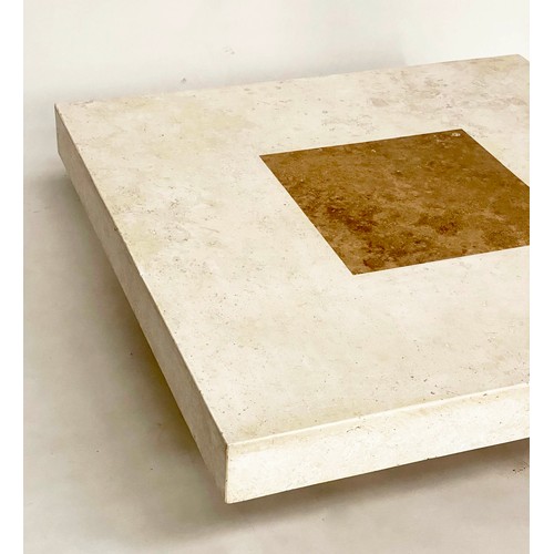 286 - TRAVERTINE LOW TABLE, 1970s Italian marble square with two tone inlay raised on plinth base, 100cm x... 