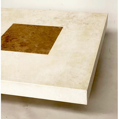 286 - TRAVERTINE LOW TABLE, 1970s Italian marble square with two tone inlay raised on plinth base, 100cm x... 