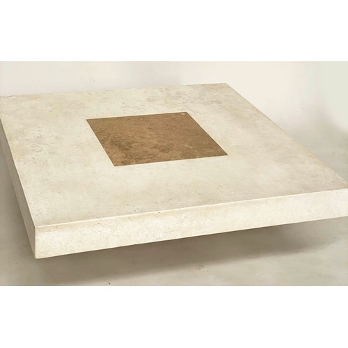 286 - TRAVERTINE LOW TABLE, 1970s Italian marble square with two tone inlay raised on plinth base, 100cm x... 