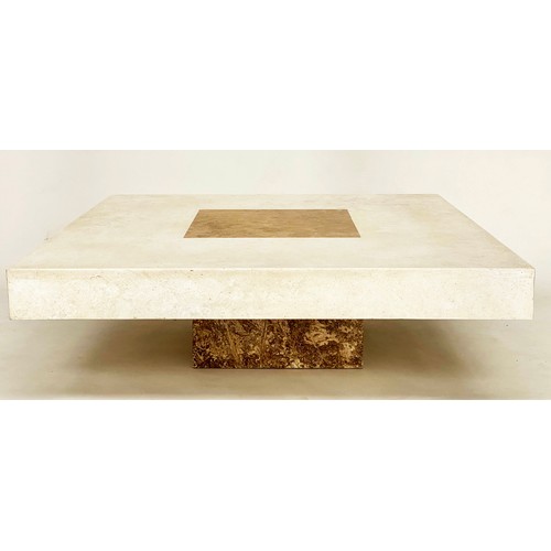 286 - TRAVERTINE LOW TABLE, 1970s Italian marble square with two tone inlay raised on plinth base, 100cm x... 