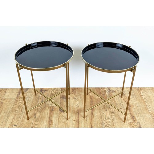 463 - SIDE TABLES, a pair, 45.5cm diam x 55cm H, 1950's Italian style, gilt metal and lacquer. (2)