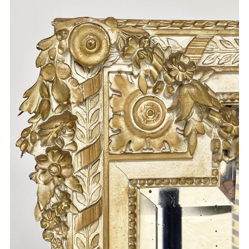 117 - WALL MIRROR, 19th century French giltwood and parcel gilt with bevelled mirror plate within a ribbon... 