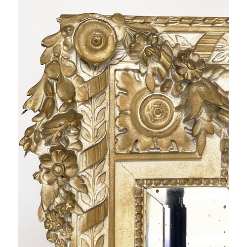 117 - WALL MIRROR, 19th century French giltwood and parcel gilt with bevelled mirror plate within a ribbon... 