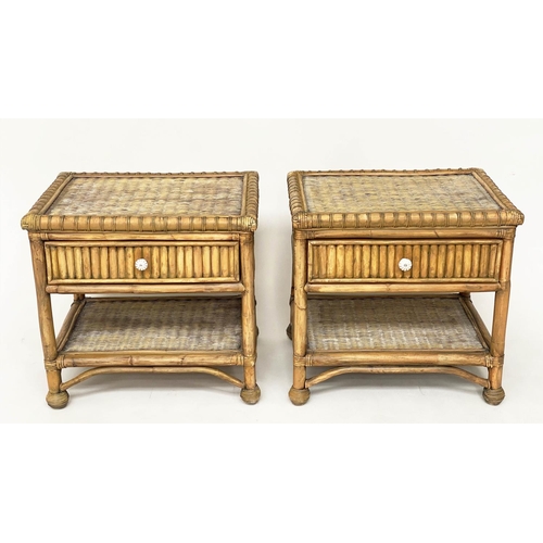 124 - BAMBOO SIDE/LAMP TABLES, a pair, cane bound with wicker woven shelves and drawer, 63cm W x 49cm D x ... 