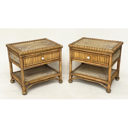 124 - BAMBOO SIDE/LAMP TABLES, a pair, cane bound with wicker woven shelves and drawer, 63cm W x 49cm D x ... 