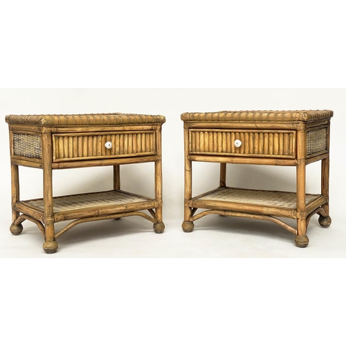 124 - BAMBOO SIDE/LAMP TABLES, a pair, cane bound with wicker woven shelves and drawer, 63cm W x 49cm D x ... 